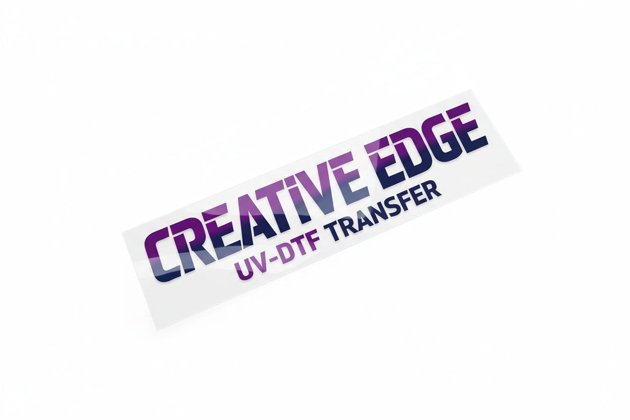 mackup de imagen en material uv-dtf con plástico transparente, letras tonalidad morada y navy blue
